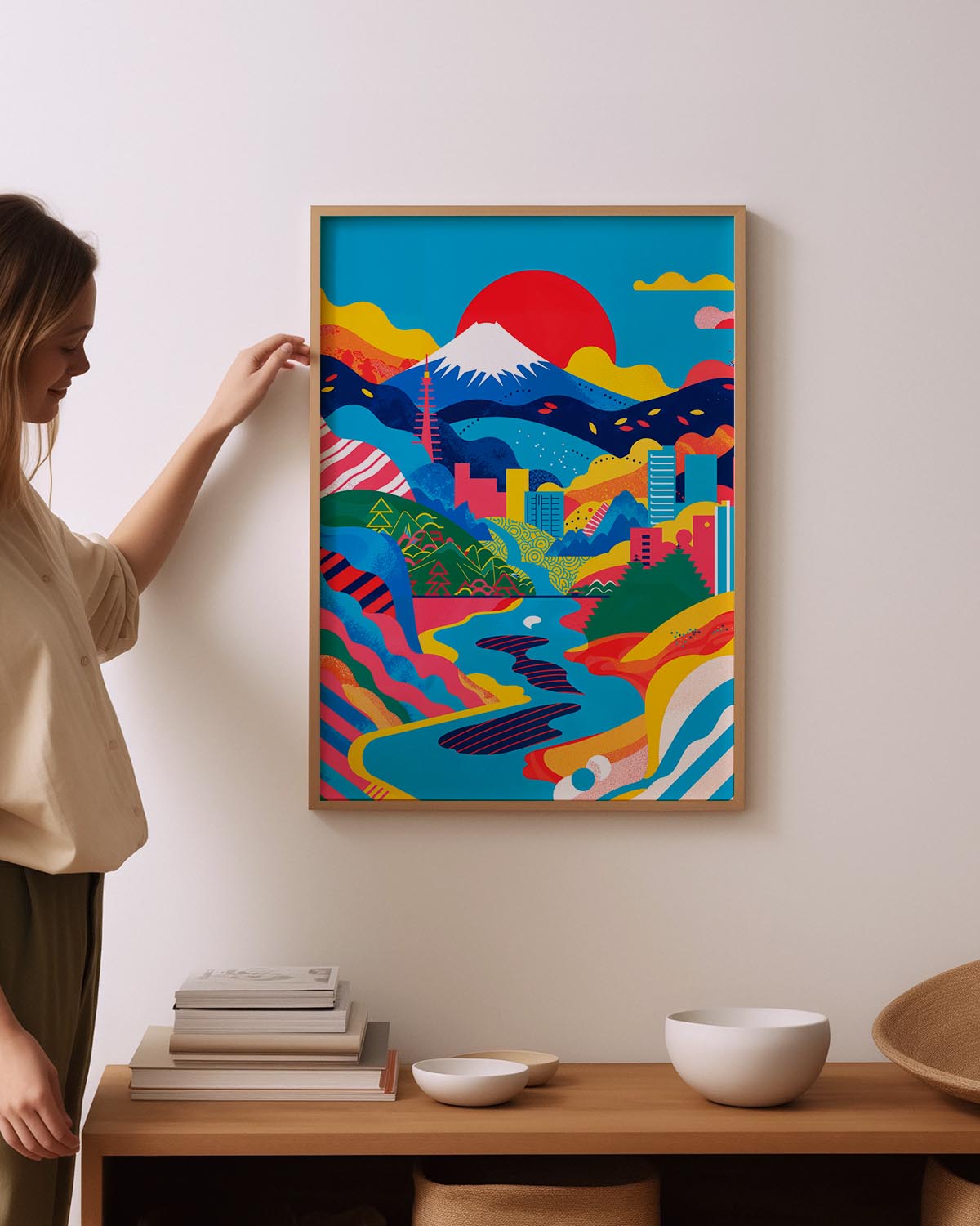 Vibrant abstract poster featuring a modern interpretation of Mount Fuji amidst colorful urban and natural motifs.