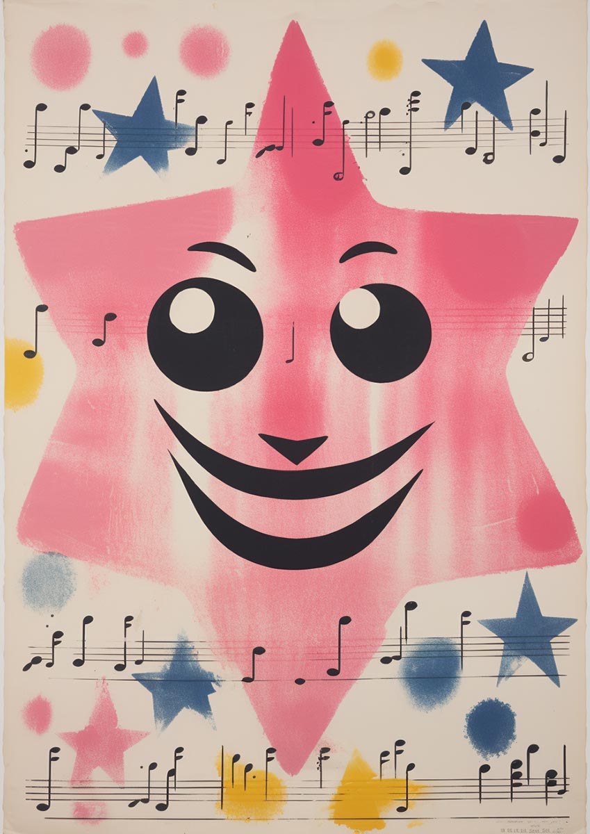Pink smiling star character surrounded by musical notes, blue and yellow brushstrokes, and smaller star patterns – Children's nursery poster.
