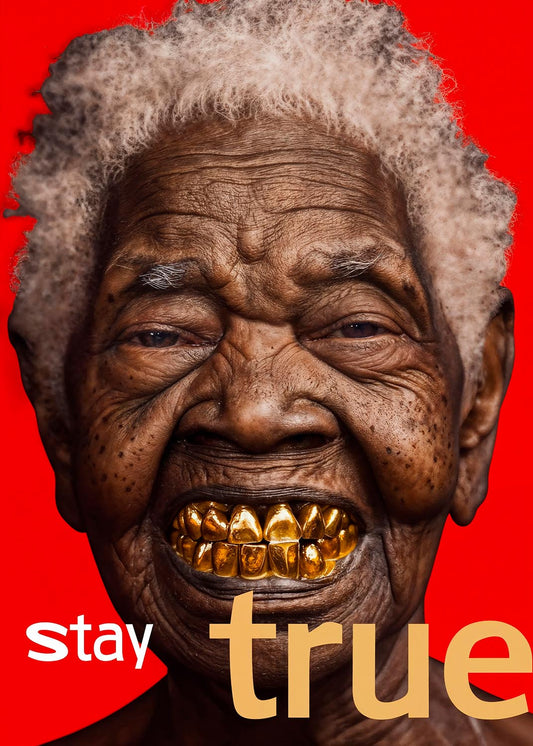 A close-up portrait of an elderly individual with a broad smile, revealing gold-plated teeth. Their skin is richly textured with deep wrinkles and they have a head of curly grey hair. The background is a vivid red with the words "stay true" in gold, lowercase font positioned at the bottom. The image conveys a message of authenticity and lived experience.