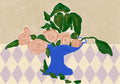 Floral poster showing pink roses and green leaves in a bright blue vase, placed on a cream and lavender diamond-patterned table.