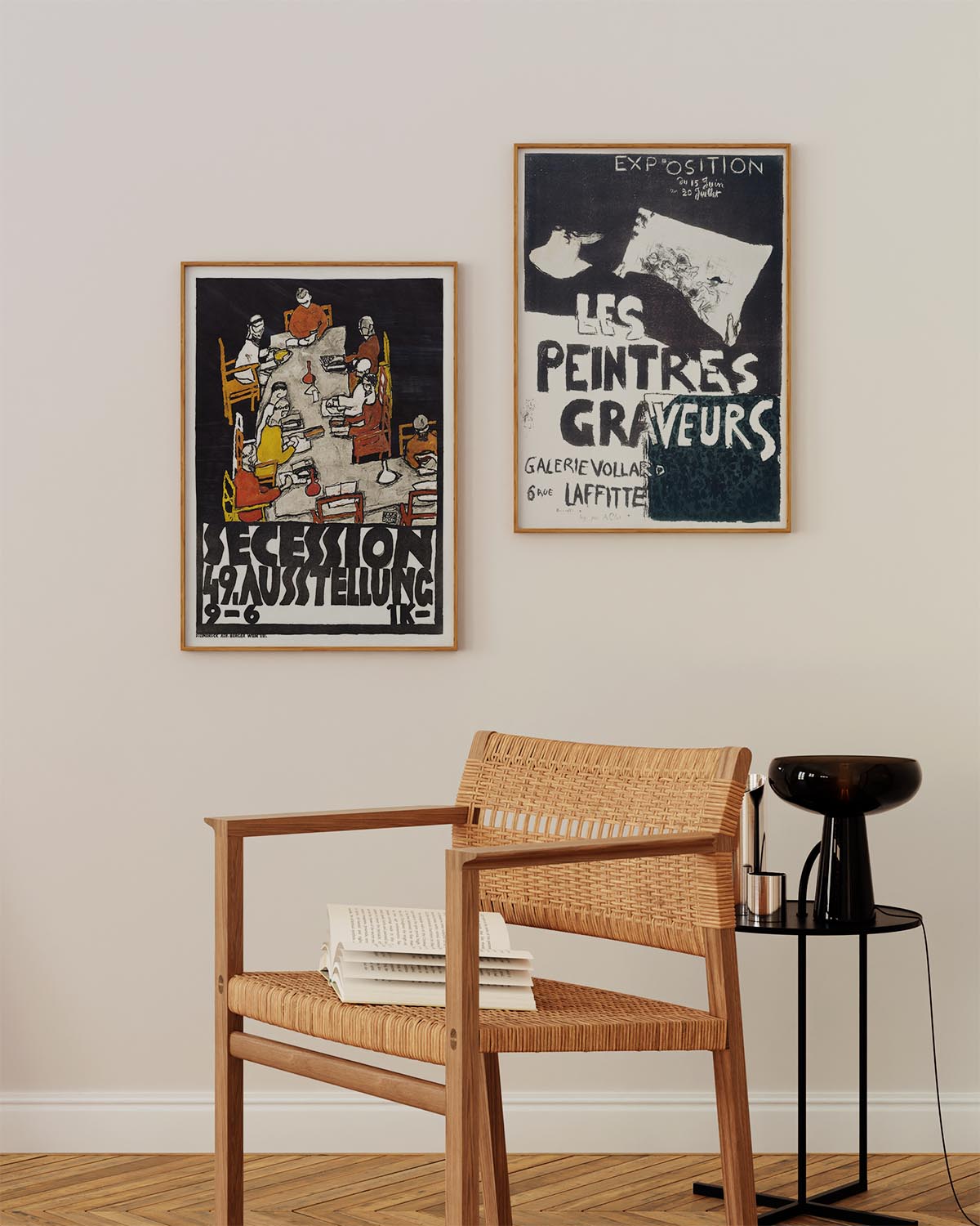 Illustrated poster by Egon Schiele for the 49th Vienna Secession exhibition, depicting stylized figures seated around a large table in an abstract, expressionist style with bold black, red, yellow, and white tones.