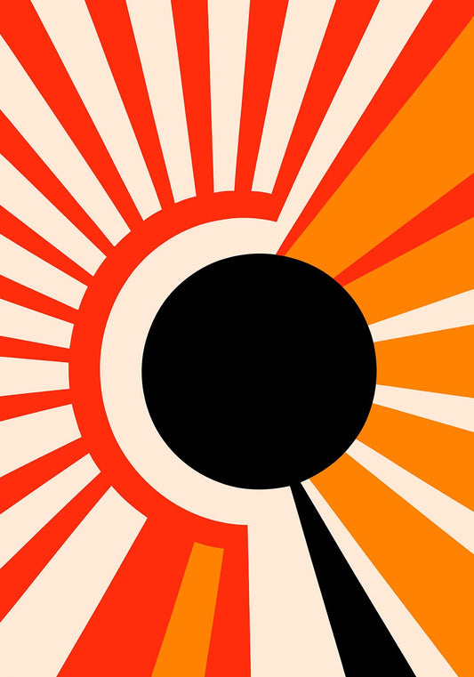 ミッドセンチュリーの様式化された日の出を描いたミニマルなアートポスター。中央に大きな黒い円があり、その周りをオレンジと黄色の光線が放射状に取り囲んでいる。