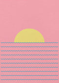 A minimalist graphic art print of a sunset over the sea. The illustration features a large, solid pale yellow semi-circle sun centered on a horizontal horizon line. The lower half consists of a pink background with nine parallel, horizontal blue wavy lines representing waves. The upper half is a solid pink sky, all rendered with a subtle paper texture.