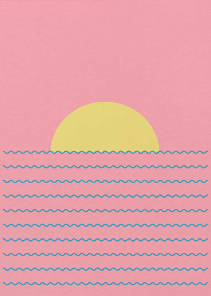 A minimalist graphic art print of a sunset over the sea. The illustration features a large, solid pale yellow semi-circle sun centered on a horizontal horizon line. The lower half consists of a pink background with nine parallel, horizontal blue wavy lines representing waves. The upper half is a solid pink sky, all rendered with a subtle paper texture.