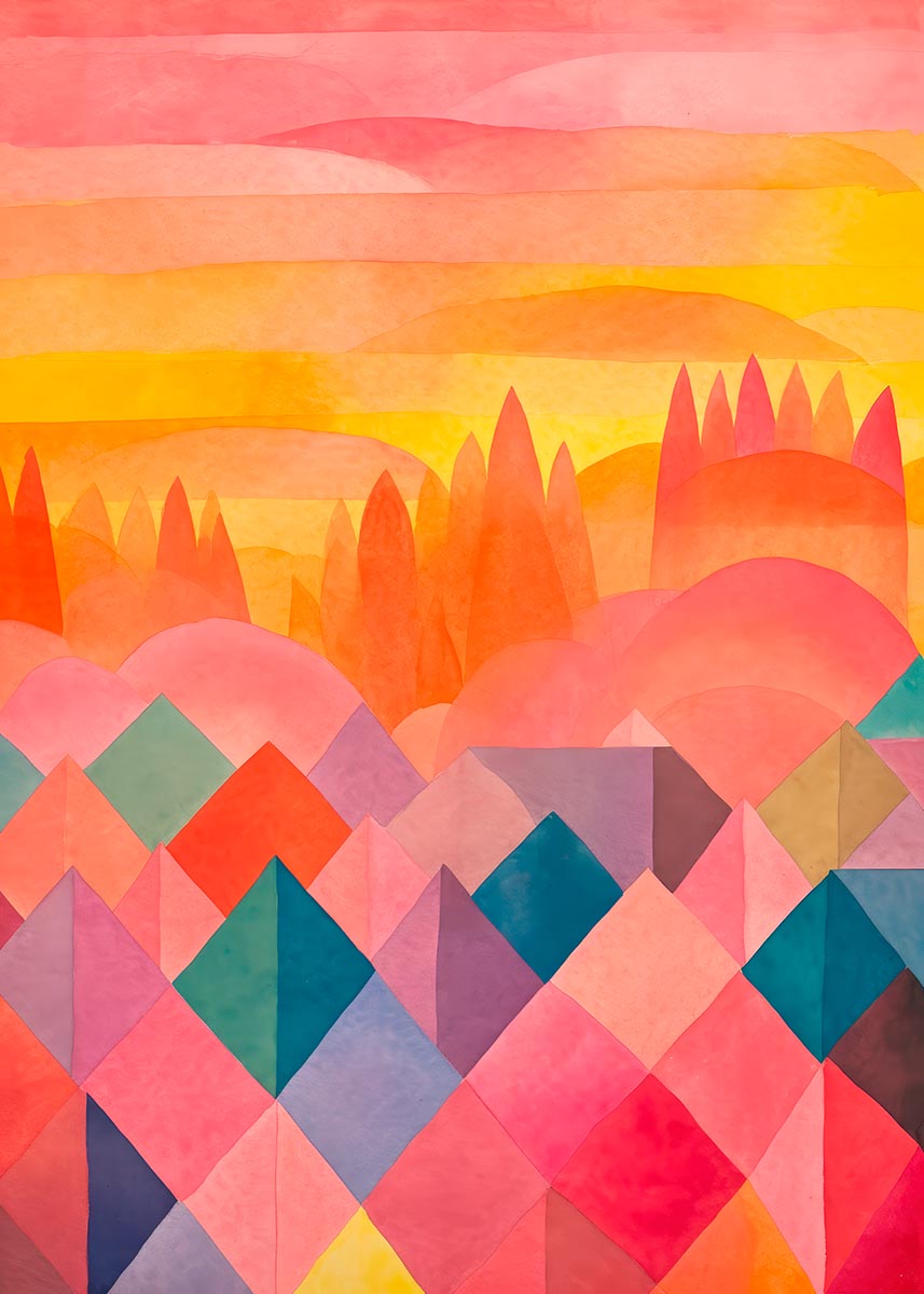 Colorful geometric landscape with layers of mountains and sunsets, ideal for children's nursery decor.