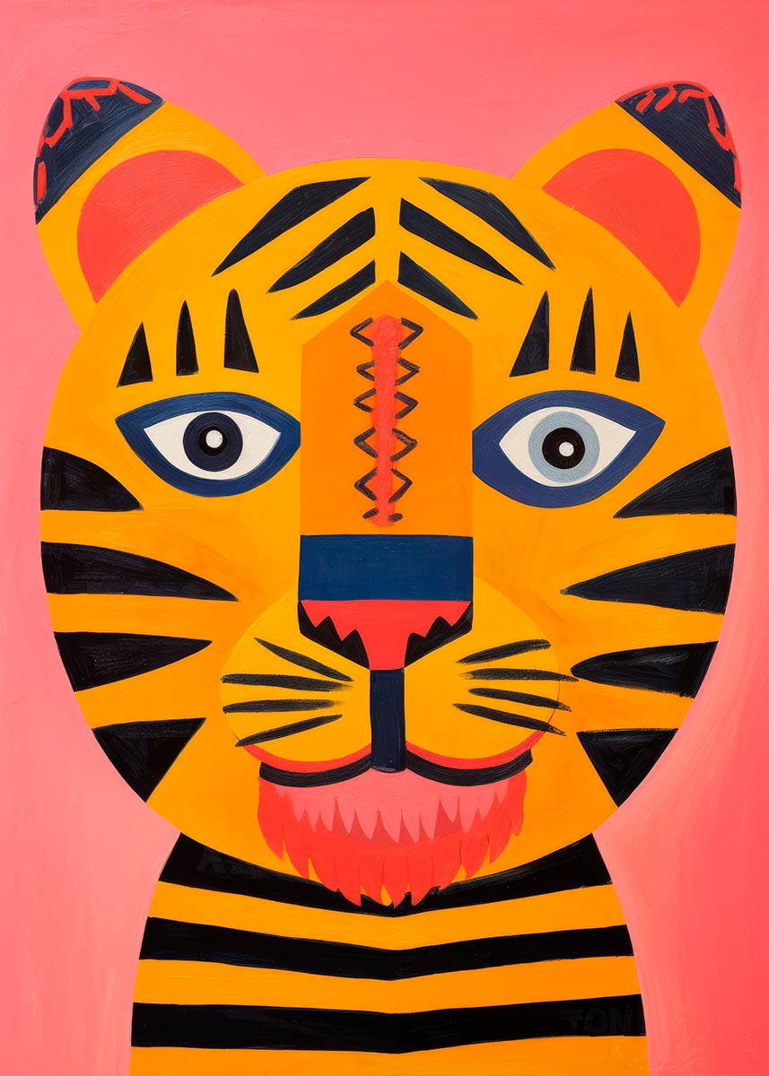Vivid illustration of a stylized tiger face with striking patterns, set against a soft pink background, designed for children's rooms and nurseries.