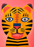 Vivid illustration of a stylized tiger face with striking patterns, set against a soft pink background, designed for children's rooms and nurseries.