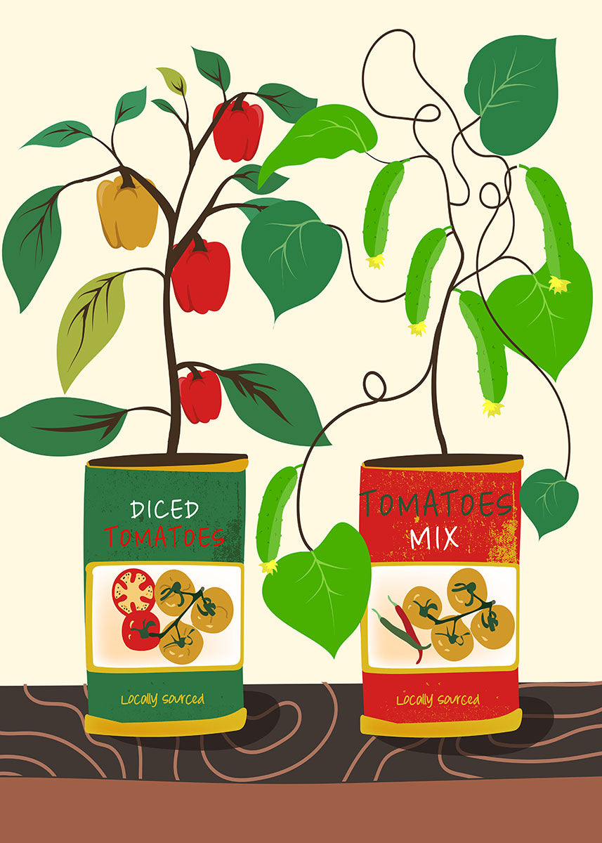 Illustrated poster showcasing tomato plants with ripe red and yellow tomatoes growing out of labeled cans reading 'Diced Tomatoes' and 'Tomatoes Mix'. The background includes stylized representations of green cucumbers and sprawling vines, emphasizing a theme of fresh, locally sourced produce