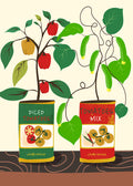 Illustrated poster showcasing tomato plants with ripe red and yellow tomatoes growing out of labeled cans reading 'Diced Tomatoes' and 'Tomatoes Mix'. The background includes stylized representations of green cucumbers and sprawling vines, emphasizing a theme of fresh, locally sourced produce