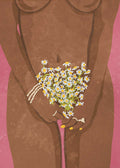 Minimalist illustration of a woman's torso holding a bouquet of white daisies against a pink background, featuring earthy brown skin tones and body-positive themes.