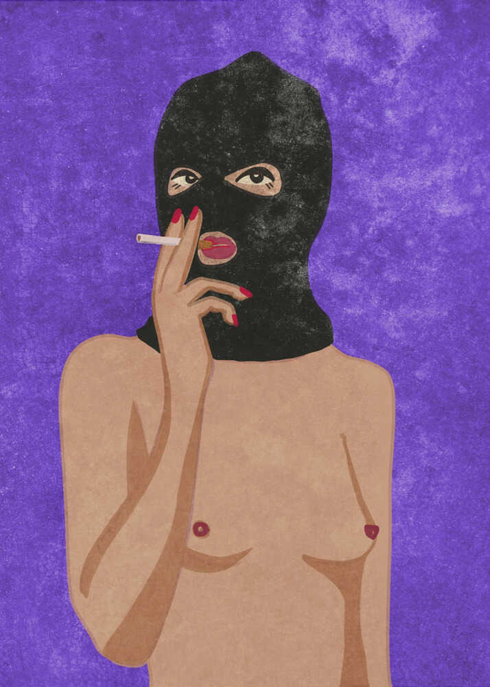Illustration of a shirtless woman wearing a textured black ski mask or balaclava, smoking a cigarette. She has red painted fingernails and pink lipstick visible through the mask cutout. The background is a solid, textured vibrant purple.