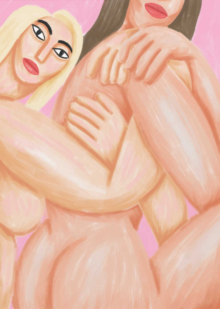A contemporary digital painting of two stylized, interlocked figures with prominent features and visible brushstrokes, set against a solid pink background. One figure has blonde hair and expressive dark eyes looking forward, while the other has dark hair and red lips, creating an intimate, intertwined composition.