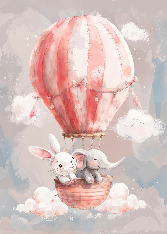 A bunny and elephant share a serene hot air balloon ride, painted in soft watercolors, perfect for a child's room.