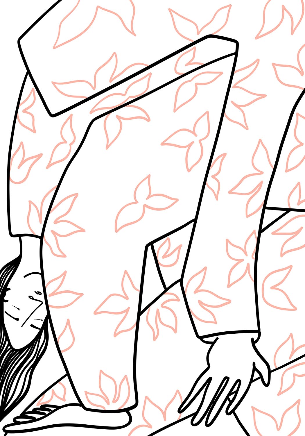 Minimalist line art poster of an upside-down figure wearing a floral-patterned outfit with soft pink leaves, drawn in black outline on a white background.