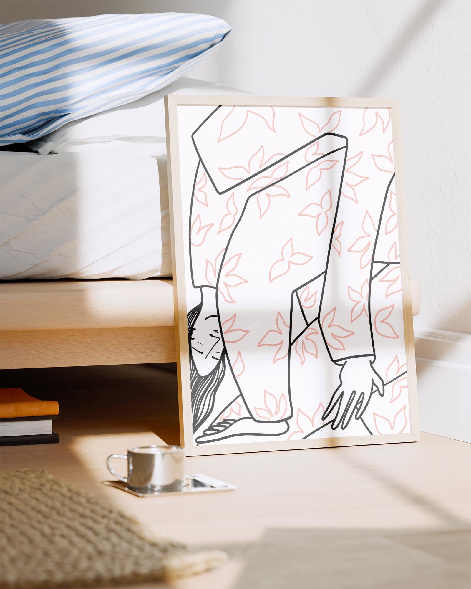 Minimalist line art poster of an upside-down figure wearing a floral-patterned outfit with soft pink leaves, drawn in black outline on a white background.