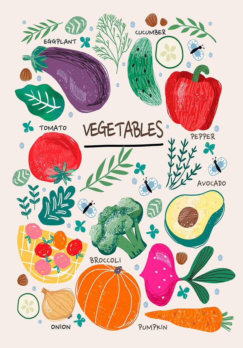 Illustrative poster of assorted vegetables with labels, including eggplant, cucumber, pepper, tomato, avocado, broccoli, onion, pumpkin, and carrot, adorned with small, decorative elements like leaves and ladybugs on a light background.