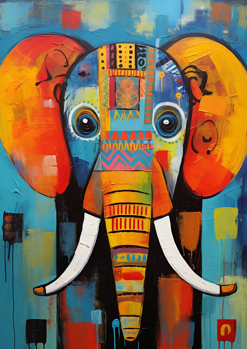 Colorful tribal-inspired elephant painting with intricate patterns and a bright blue background, ideal for kids and nursery decor.