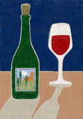 Minimalist wine poster with a green bottle featuring a Tuscan landscape label and a glass of red wine on a table, set against a dark blue background.