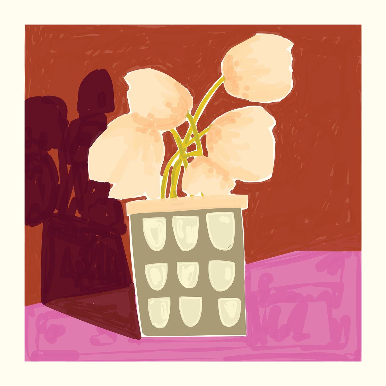 An abstract painting of pale flowers in a textured geometric vase, rich in warm browns and purples, evoking a modern and serene vibe.