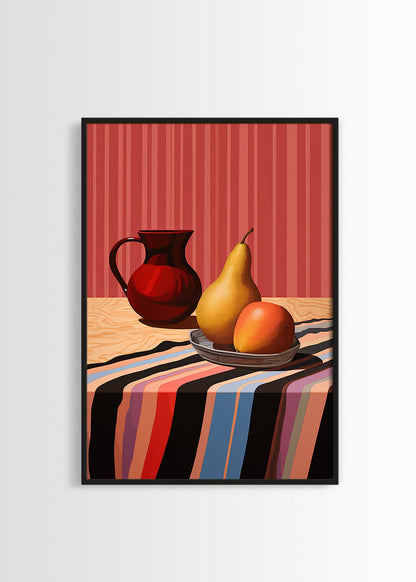 Digital artwork of a red jug, pear, and orange on a striped tablecloth with a vertical striped background poster.