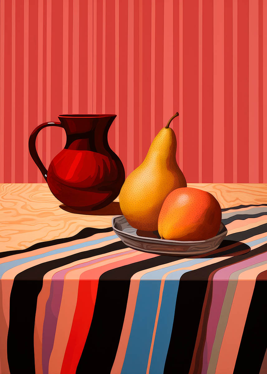 Digital artwork of a red jug, pear, and orange on a striped tablecloth with a vertical striped background poster.