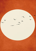 Black birds flying across a large cream circle on a textured burnt-orange background.
