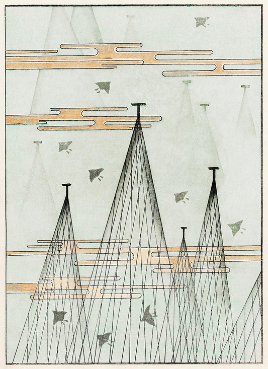 Artistic rendering by Watanabe Seitei featuring three stylized trees with thin, reaching branches against a backdrop of horizontal lines and abstract birds, all in subtle shades of green and brown.