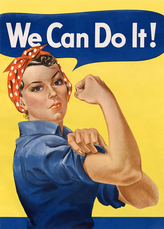 Iconic 'We Can Do It!' poster featuring Rosie the Riveter in blue work attire, flexing her arm against a yellow background.