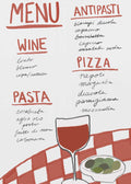 Hand-drawn Italian menu poster featuring wine, pasta, pizza, and antipasti on a red checkered tablecloth, with a glass of wine and a bowl of olives at the bottom.
