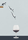 A surreal collage-style poster by Maarten Léon showing a man diving in stages toward a glass of red wine, set against a minimalist light grey background.