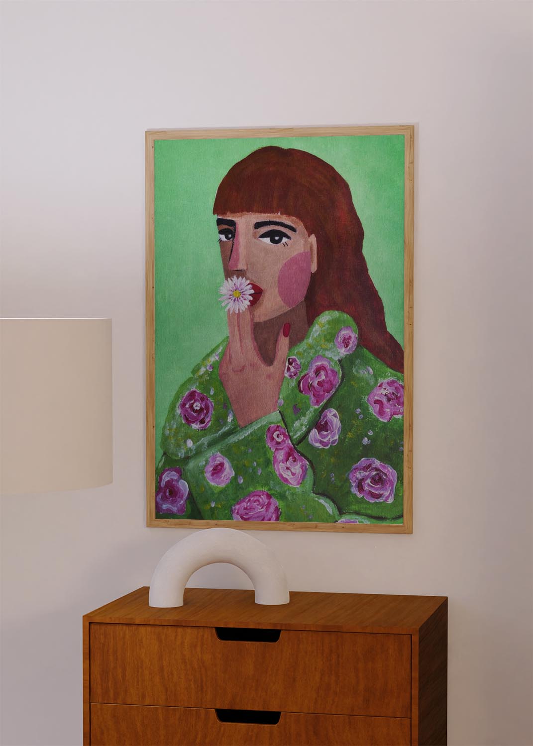 A modern painted portrait of a woman holding a flower to her lips, wearing a green coat decorated with pink roses, set against a bright green background.