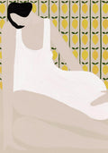 Minimalist poster of a woman in a white dress sitting in front of a patterned background with vertical rows of yellow lemons and green leaves.