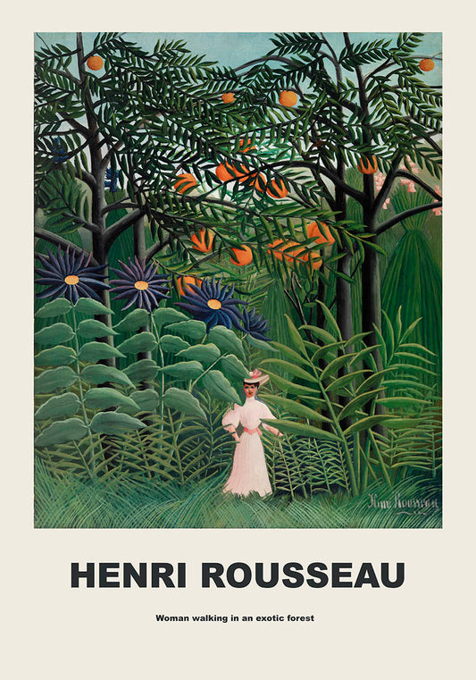 Woman in a white dress and hat standing amidst vibrant green foliage and trees with oranges, capturing Henri Rousseau's iconic post-impressionist style