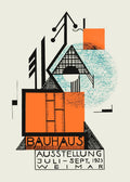 Bauhaus 1923 exhibition poster with geometric shapes in orange, black, and blue against a light background.