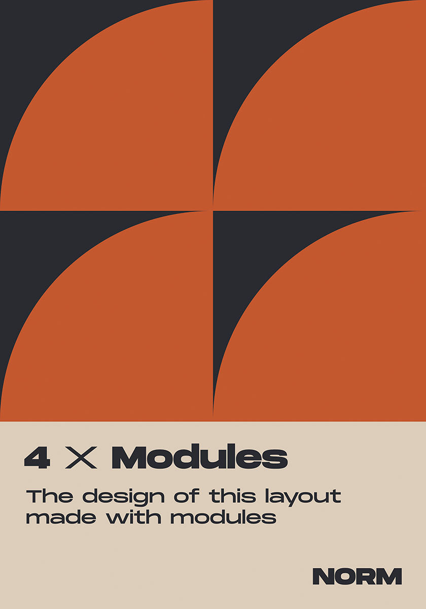 Abstract poster from the NORM collection displaying a four-part quadrant design with contrasting orange and black colors, titled '4 X Modules' highlighting the modular design concept
