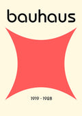 Minimalist Bauhaus poster with bold red geometric shape, black text "bauhaus" at the top, and "1919 - 1928" at the bottom.