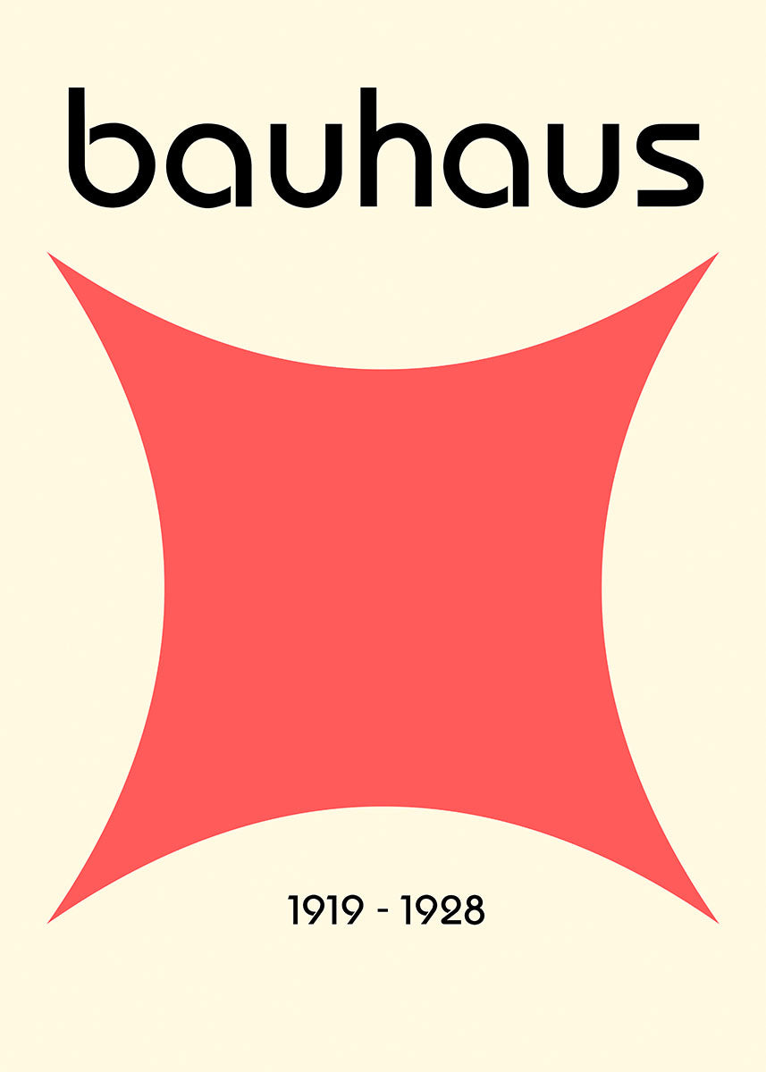 Minimalist Bauhaus poster with bold red geometric shape, black text "bauhaus" at the top, and "1919 - 1928" at the bottom.