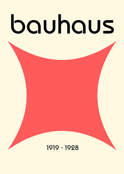 Minimalist Bauhaus poster with bold red geometric shape, black text "bauhaus" at the top, and "1919 - 1928" at the bottom.