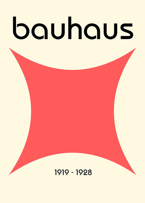 Minimalist Bauhaus poster with bold red geometric shape, black text "bauhaus" at the top, and "1919 - 1928" at the bottom.