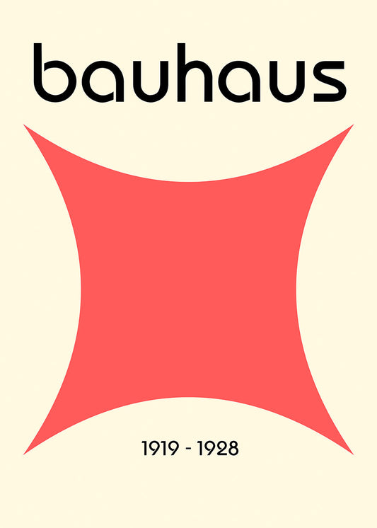 Minimalist Bauhaus poster with bold red geometric shape, black text "bauhaus" at the top, and "1919 - 1928" at the bottom.