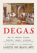 Vintage Edgar Degas French exhibition poster featuring ballet dancers in a dance studio, bold red typography, and classic Parisian art gallery design.