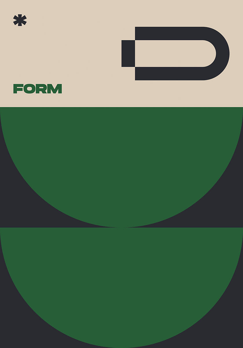 Minimalist abstract poster titled 'FORM' with a stylized letter D in black, overlapping a green half-circle on an off-white background, embodying contemporary design aesthetics