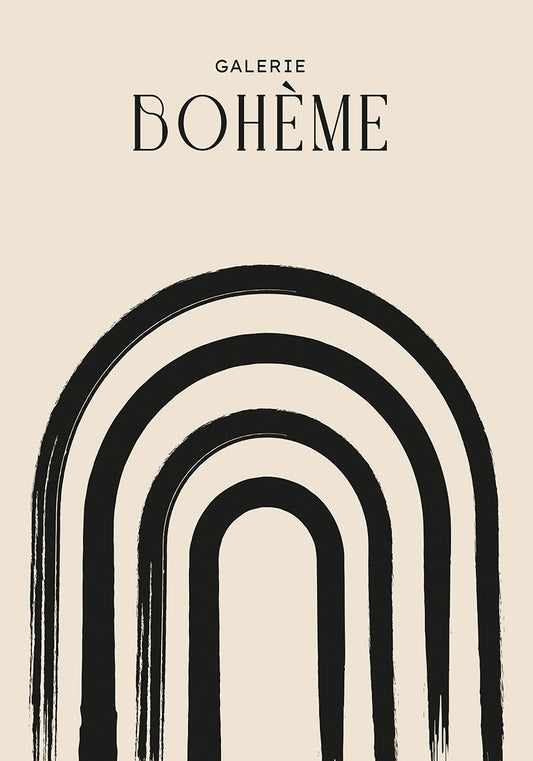 Abstract art print titled 'Boheme' with black concentric arcs on a beige background and modern typography at the top.
