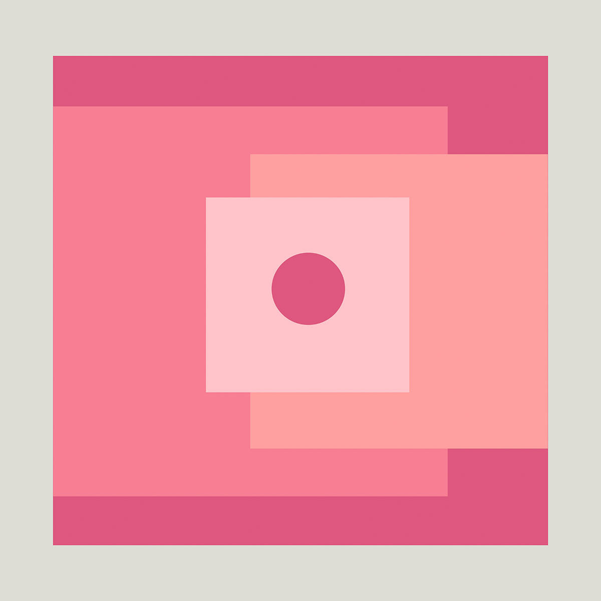 "Modern abstract poster 'Homage to the Square' displayed in a golden frame, with shades of pink squares centered in a minimalist composition, placed against a chic architectural backdrop with soft shadows and a touch of greenery.