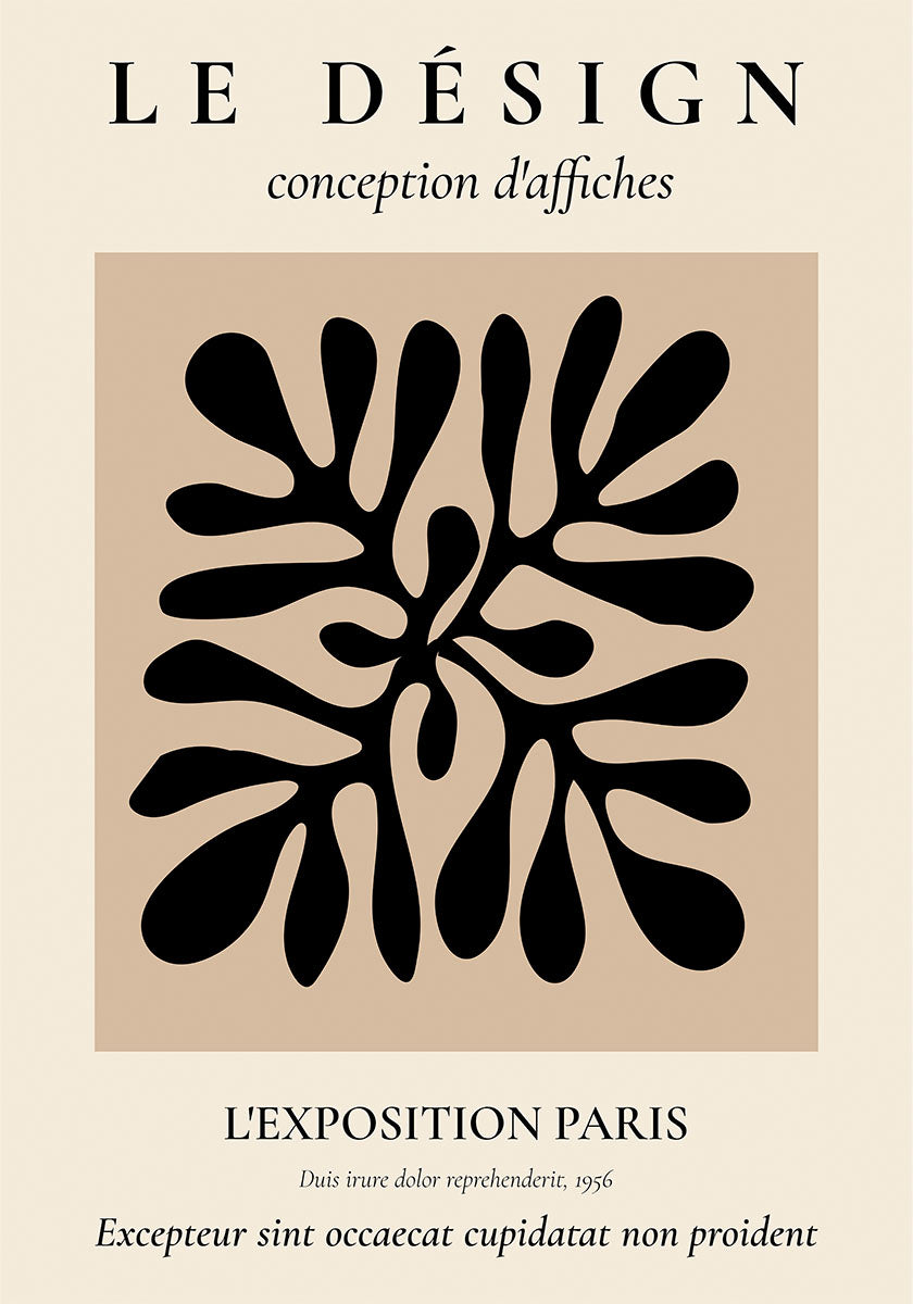 Elegant poster titled 'Le Design conception d'affiches' featuring a black and white 'Papiers Découpés' inspired pattern, symbolizing Matisse's cut-out technique, with the event details for 'L'EXPOSITION PARIS' highlighted, encapsulating a blend of modern design and classic art.