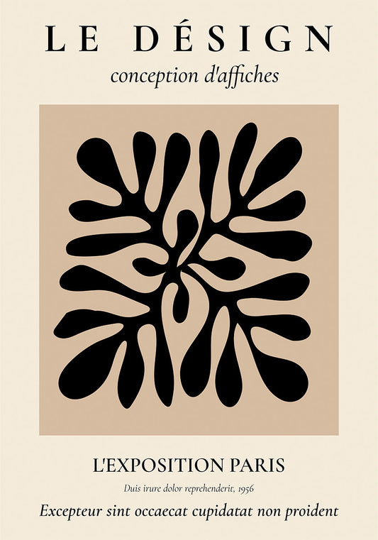 Le Design conception d'affiches」と題されたエレガントなポスターは、マティスの切り抜き技法を象徴する白黒の「Papiers Découpés」にインスパイアされたパターンが描かれ、「L'EXPOSITION PARIS」のイベント詳細が強調されている。