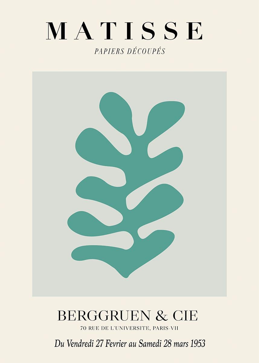 Minimalist Matisse poster featuring a teal abstract leaf shape with French text from a 1953 Paris exhibition.