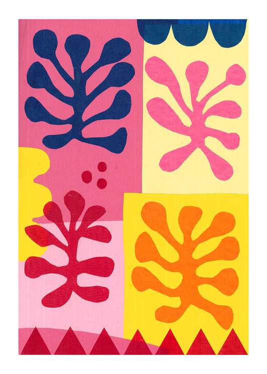 マティスの切り絵にインスパイアされたカラフルなアートポスター。ピンク、イエロー、ネイビー、レッドの抽象的な葉っぱの形が、遊び心のあるマルチカラーを背景に描かれています。
