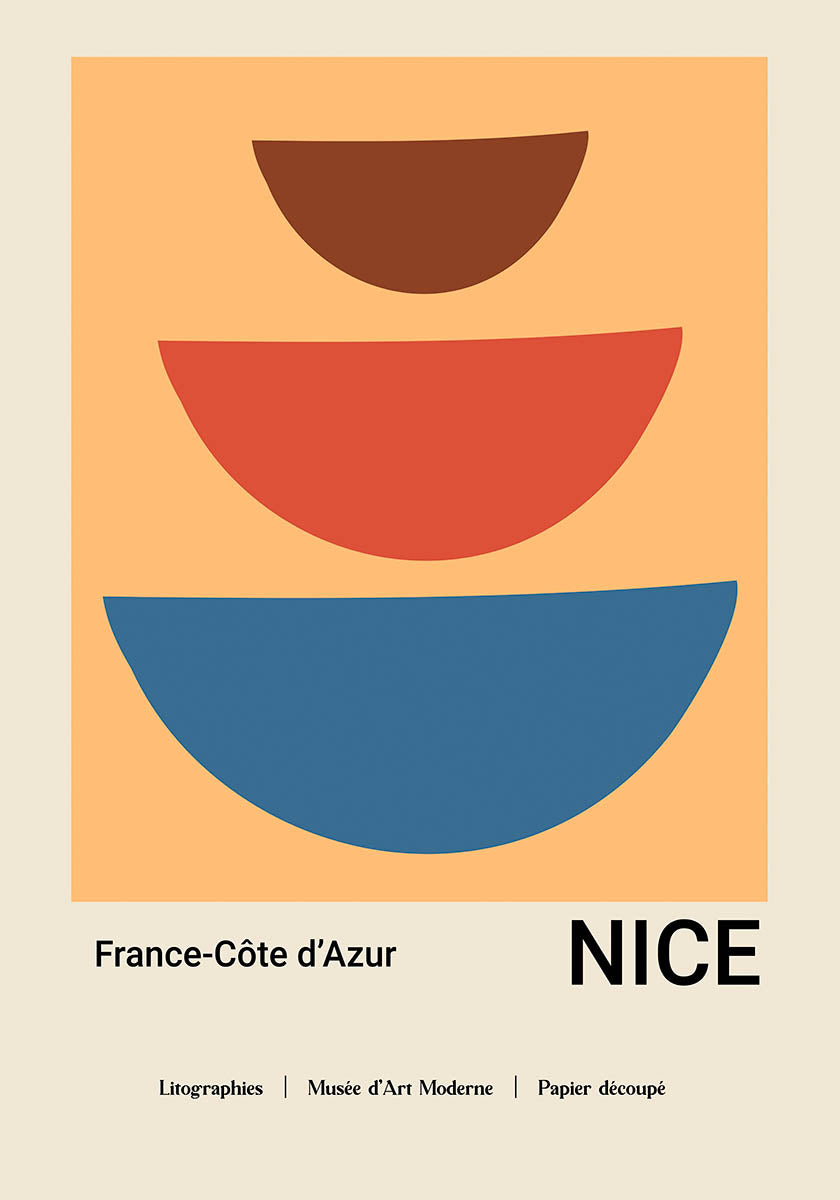 Modern art poster representing 'Papiers Découpés' with abstract geometric shapes in warm tones, titled 'Nice, France-Côte d'Azur', a nod to Matisse's papier découpé legacy.