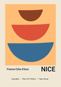Modern art poster representing 'Papiers Découpés' with abstract geometric shapes in warm tones, titled 'Nice, France-Côte d'Azur', a nod to Matisse's papier découpé legacy.